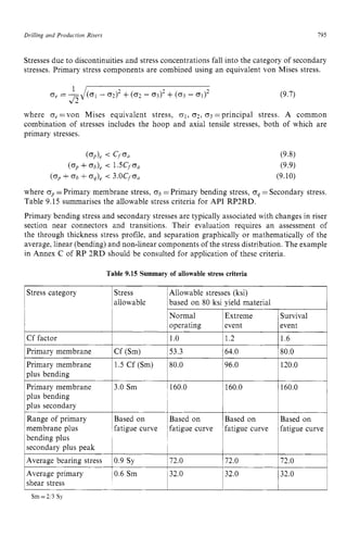 Drilling and Production Risers 195 z
Cf factor
Primary membrane
plus bending
Primary membrane
Stresses due to discontinuities and stress concentrations fall into the category of secondary
stresses. Primary stress components are combined using an equivalent von Mises stress.
1.0 1.2 1.6
Cf (Sm) 53.3 64.0 80.0
1.5 Cf (Sm) 80.0 96.0 120.0
1 zyxwvuts
Oe zyxwvutsr
= - ( 0 1 - 0*12+( 0 2 - 0 3 1 2 +(03 - 01)* zyxwv
A
S
J
Primary membrane
plus bending
plus secondary
Range of primary
membrane plus
bending plus
secondary plus peak
Average bearing stress
(9.7)
3.0 Sm 1160.0 1160.0 160.0
Based on Based on Based on Based on
fatigue curve ,fatiguecurve fatigue curve fatigue curve
0.9 Sy 172.0 72.0 72.0
where oe=von Mises equivalent stress, 01, 0 2 , 0 3 =principal stress. A common
combination of stresses includes the hoop and axial tensile stresses, both of which are
primary stresses.
Average primary 10.6 Sm 32.0 32.0
shear stress
(9.8)
(9.9)
(9.10)
32.0
where op=Primary membrane stress, o b =Primary bending stress, oq=Secondary stress.
Table 9.15 summarises the allowable stress criteria for API RP2RD.
Primary bending stress and secondary stresses are typically associated with changes in riser
section near connectors and transitions. Their evaluation requires an assessment of
the through thickness stress profile, and separation graphically or mathematically of the
average, linear (bending) and non-linear components of the stress distribution. The example
in Annex C of RP 2RD should be consulted for application of these criteria zy
Table 9.15 Summary of allowable stress criteria
Stress category Stress Allowable stresses (ksi)
allowable
Normal Extreme Survival
operating event event
 