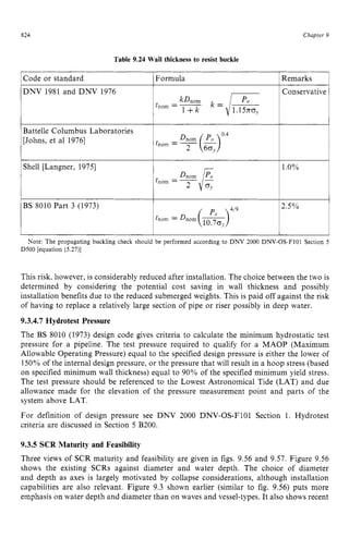 824
Table 9.24 Wall thickness to resist buckle zyxw
Chapter z
9 z
Code or standard zyxwvu
1Formula 1 Remarks
DNV 1981 and DNV 1976 Conservative
tnom =-
kDnom
l + k = F
1.15~~0,
Battelle Columbus Laboratories
[Johns, et a1 19761
Shell [Langner, 19751 11.0%
BS 8010 Part 3 (1973)
Note: The propagating buckling check should be performed according to DNV 2000 DNV-OS-F101 Section 5
D500 [equation (5.27)]
This risk, however, is considerably reduced after installation. The choice between the two is
determined by considering the potential cost saving in wall thickness and possibly
installation benefits due to the reduced submerged weights. This is paid off against the risk
of having to replace a relatively large section of pipe or riser possibly in deep water.
9.3.4.7 Hydrotest Pressure
The BS 8010 (1973) design code gives criteria to calculate the minimum hydrostatic test
pressure for a pipeline. The test pressure required to qualify for a MAOP (Maximum
Allowable Operating Pressure) equal to the specified design pressure is either the lower of
150% of the internal design pressure, or the pressure that will result in a hoop stress (based
on specified minimum wall thickness) equal to 90% of the specified minimum yield stress.
The test pressure should be referenced to the Lowest Astronomical Tide (LAT) and due
allowance made for the elevation of the pressure measurement point and parts of the
system above LAT.
For definition of design pressure see DNV 2000 DNV-OS-F101 Section 1. Hydrotest
criteria are discussed in Section 5 B200.
9.3.5 SCR Maturity and Feasibility
Three views of SCR maturity and feasibility are given in figs. 9.56 and 9.57. Figure 9.56
shows the existing SCRs against diameter and water depth. The choice of diameter
and depth as axes is largely motivated by collapse considerations, although installation
capabilities are also relevant. Figure 9.3 shown earlier (similar to fig. 9.56) puts more
emphasis on water depth and diameter than on waves and vessel-types. It also shows recent
 