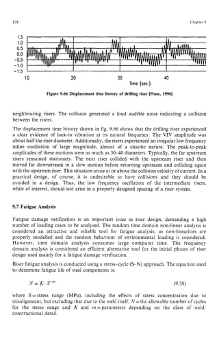 838 zyxwvutsrqp
1.5
1.ozyxwvuts
0.5
0.0
-0.5
-1.0
-1.5 zyxwvutsrqp
Chapter z
9
IO 20 30 40
lime zyxw
(sec.) zyxw
Figure 9.66 Displacement time history of drilling riser [Huse, 19961
neighbouring risers. The collision generated a loud audible noise indicating a collision
between the risers.
The displacement time history shown in fig. 9.66 shows that the drilling riser experienced
a clear evidence of lock-in vibration at its natural frequency. The VIV amplitude was
about half the riser diameter. Additionally, the risers experienced an irregular low frequency
inline oscillation of large magnitude, almost of a chaotic nature. The peak-to-peak
amplitudes of these motions were as much as 3040 diameters. Typically, the far upstream
risers remained stationary. The next riser collided with the upstream riser and then
moved far downstream in a slow motion before returning upstream and colliding again
with the upstream riser. This situation arose at or above the collision velocity of current. In a
practical design, of course, it is undesirable to have collisions and they should be
avoided in a design. Thus, the low frequency oscillation of the intermediate risers,
while of interest, should not arise in a properly designed spacing of a riser system.
9.7 Fatigue Analysis
Fatigue damage verification is an important issue in riser design, demanding a high
number of loading cases to be analysed. The random time domain nonlinear analysis is
considered an attractive and reliable tool for fatigue analysis, as non-linearities are
properly modelled and the random behaviour of environmental loading is considered.
However, time domain analysis consumes large computer time. The frequency
domain analysis is considered an efficient alternative tool for the initial phases of riser
design used mainly for a fatigue damage verification.
Riser fatigue analysis is conducted using a stress-cycle (S-N) approach. The equation used
to determine fatigue life of steel components is:
where S= stress range (MPa), including the effects of stress concentration due to
misalignment, but excluding that due to the weld itself, zyxw
N =the allowable number of cycles
for the stress range and K and m=parameters depending on the class of weld,
constructional detail.
 