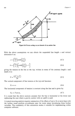 668 zyxwvutsrqponm
Chapter zy
8 z
Figure 8.4 Forces acting on an element of an anchor line zyx
With the above assumptions we can obtain the suspended line length s and vertical
dimension h as: zyxwvu
s = (2)
sinh(g) (8.3)
(8.4)
giving the tension in the line at the top, written in terms of the catenary length s and
depth d as:
w(s2 +d2)
2d zyxwvu
T =
The vertical component of line tension at the top end becomes: zyx
T
z= zyxwv
VS (8.6)
The horizontal component of tension is constant along the line and is given by:
TH= Tcos~$,, (8.7)
It is noted that the above analysis assumes that the line is horizontal at the lower end
replicating the case where a gravity anchor with no uplift is used.
A typical mooring analysis requires summation of the effects of up to 16 or more lines with
the surface vessel position co-ordinates near the water plane introducing three further
variables. The complexity of this calculation makes it suitable for implementing within
computer software.
 