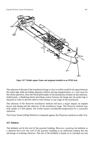 Topside Facilities Layout Development zyxwvuts
881 z
Figure 10.7 Module support frame and equipment installed on an FPSO deck zy
The selection of the size of the installation barge so that its width would fit the space between
the jacket legs while providing adequate stability during transportation, is a vital issue for
the whole operation, since the whole philosophy of the installation is based on this selection.
Additionally, a fendering/shock absorbing system between the barge and the jacket legs is
required in order to prevent steel-to-steel contact at any stage of the installation.
The selection of the floatover installation method will have a major impact on topside
layout and design and the selection of the installation barge. The floatover method may
look simple at a first glance, but would require considerable preparation for a successful
operation.
The Crane Vessel Lifting Method is compared against the Floatover method in table 10.4.
10.7 Helideck
The helideck can be the roof of the quarters building. However, installing the helideck as
a separate level over the roof of the quarters building at an additional expense has the
advantage of isolating vibration. The size of the helideck is based on its intended use and
 