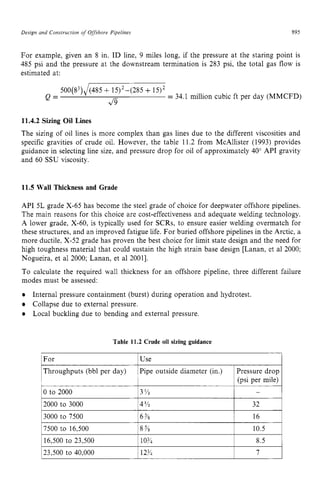 Design and Consirucrion zyxwvutsrq
o
f Offshore Pipelines zyxwvuts
895
For
Throughputs (bbl per day)
For example, given an 8 in. ID line, 9 miles long, if the pressure at the staring point is
485 psi and the pressure at the downstream termination is 283 psi, the total gas flow is
estimated at:
Use
Pipe outside diameter (in.) Pressure drop
(psi per mile)
500(8'):(485 zyxwvu
+15)2-(285 + 15)2
= 34.1 million cubic ft per day (MMCFD)
& zyx
Q =
3000 to 7500
7500 to 16,500 zyxwvu
11.4.2 Sizing Oil Lines
The sizing of oil lines is more complex than gas lines due to the different viscosities and
specific gravities of crude oil. However, the table 11.2 from McAllister (1993) provides
guidance in selecting line size, and pressure drop for oil of approximately 40" API gravity
and 60 SSU viscosity.
6 % 16
8 % 10.5
11.5 Wall Thickness and Grade
API 5L grade X-65 has become the steel grade of choice for deepwater offshore pipelines.
The main reasons for this choice are cost-effectiveness and adequate welding technology.
A lower grade, X-60, is typically used for SCRs, to ensure easier welding overmatch for
these structures, and an improved fatigue life. For buried offshore pipelines in the Arctic, a
more ductile, X-52 grade has proven the best choice for limit state design and the need for
high toughness material that could sustain the high strain base design [Lanan, et a1 2000;
Nogueira, et a1 2000; Lanan, et a1 20011.
To calculate the required wall thickness for an offshore pipeline, three different failure
modes must be assessed:
Internal pressure containment (burst) during operation and hydrotest.
Collapse due to external pressure.
Local buckling due to bending and external pressure.
Table 11.2 Crude oil sizing guidance
10 to 2000 13% 1 - 1
12000 to 3000 I4Y* I 32 I
116,500 to 23,500 110% I 8.5 1
123,500 to 40,000 112% I 7 1
 