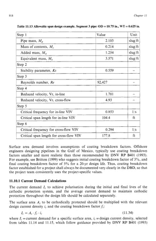 918 zyxwvutsrqpon
Step 1 zyxwvuts
Chapter z
11
Value Unit zy
Table 11.13 Allowable span design example. Segment 3 pipe: OD =10.75 in., WT =0.625 in.
~
Pipe mass, zyxwvuts
Mp 2.103
Mass of contents, M , 0.214
sluglft
slug/ft
1 Added mass, M , 1 1.254 1 slug/ft 1
' Stability parameter, Ks ' 0.559
Step 3
Reynolds number, Re 92,427
1 Equivalent mass, Me 1 3.571 j slug/ft1
-
-
I I
Step 5
Critical frequency for in-line VIV 0.853 ~ lis
)Step4 I I
1 Reduced velocity, Vr, in-line 1 1.701 1 - 1
~ Reduced velocity, Vr, cross-flow 1 4.93 1 - 1
I Critical span length for in-line VIV 1 104.4 I ft I
IStep 6 ~ 1 I
1 Critical frequency for cross-flow VIV 1 0.294 I l/s I
1 Critical span length for cross-flow VIV 1 177.8 I ft I
Surface area demand involves assumptions of coating breakdown factors. Offshore
engineers designing pipelines in the Gulf of Mexico, typically use coating breakdown
factors smaller and more realistic than those recommended by DNV RP B401 (1993).
For example, see Britton (1999) who suggests initial coating breakdown factor of 3%, and
final coating breakdown factor of 5% for a 20-yr design life. Thus, coating breakdown
factor established for a project shall always be documented very clearly in the DBD, so that
the project team consistently uses the project-specific values.
11.10.1 Current Demand Calculations
The current demand I, to achieve polarisation during the initial and final lives of the
cathodic protection system, and the average current demand to maintain cathodic
protection throughout the design life should be calculated separately.
The surface area A, to be cathodically protected should be multiplied with the relevant
design current density zyxwvu
i, and the coating breakdown factor fc:
I, = A, . zyxwvu
f,.i, (11.34)
where I, =current demand for a specific surface area, i, =design current density, selected
from tables 11.14 and 11.15, which follow guidance provided by DNV RP B401 (1993)
 