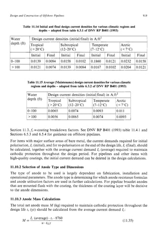 Design and Consrructiori zyxwvuts
ofzyxwvutsrq
Offshore zyxwvutsrqp
Pipelines zyxwvuts
919 z
Water
depth (ft)
Design current densities (initial/final) in A/ft2
Tropical Subtropical Temperate Arctic
( >20°C) (12-20°C) (7-1 2"C) ( <7 T )
0-100
Initial Final Initial Final Initial Final Initial Final
0.0139 0.0084 0.0158 0.0102 0.1860 0.0121 0.0232 0.0158 z
Table zyxwvut
11.15Average (Maintenance) design current densities for variousclimatic
regions and depths - adapted from table 6.3.2 of DNV RP B401 (1993)
> 100 0.0121 0.0074 0.0139 0.0084 0.0167 0.0102 0.0204 0.0121
10-100 10.0065 10.0074 10.0093 '0.011 1
Water
depth (ft)
I > 100 10.0056 10.0065 10.0074 10.0093 1
Design current densities (initial/final) in A/ft2
'Tropical Subtropical Temperate IArctic
(>2O"C) (12-20°C) (7-12°C) '(<7"C)
Section 11.3,fc =coating breakdown factors. See DNV RP B401 (1993) table 11.4.1 and
Sections 6.5.3 and 6.5.4 for guidance on offshore pipelines.
For items with major surface areas of bare metal, the current demands required for initial
polarisation, zyxwvu
Z
,(initial), and for re-polarisation at the end of the design life, Z
,(final), should
be calculated, together with the average current demand I, (average) required to maintain
cathodic protection throughout the design period. For pipelines and other items with
high-quality coatings, the initial current demand can be deleted in the design calculations.
11.10.2 Selection of Anode Type and Dimensions
The type of anode to be used is largely dependent on fabrication, installation and
operational parameters. The anode type is determining for which anode resistance formulas
and anode utilisation factors are used in further calculations. For pipeline bracelet anodes
that are mounted flush with the coating, the thickness of the coating layer will be decisive
to the anode dimensions.
11.10.3 Anode Mass Calculations
The total net anode mass M (kg) required to maintain cathodic protection throughout the
design life t, (yr) should be calculated from the average current demand I,:
IC (average) t, .8760
u . ELT
M = (11.35)
 