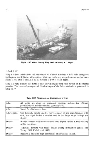 932
Adv. All welds are done on horizontal position, making for efficient
productivity of multiple stations (typically 5-6). zyx
Figure 11.17 Allseas Lorelay S-lay vessel zyxw
- Courtesy C. Langner zyx
Chapter zy
I 1
11.12.2 S-lay
S-lay is utilised to install the vast majority of all offshore pipelines. Allseas have configured
its flagship, the Solitaire, with a stinger that can reach very steep departure angles. As a
result, it was able to install, a 10-in. pipeline at 5400ft water depth.
S-lay is a very efficient lay method, since all welding is done with pipe in an horizontal
position. The main advantages and disadvantages of the S-lay method are presented in
table 11.19.
Table 11.19 Advantages and disadvantages of S-lay
Can typically handle smaller, more compact in-line appurtenances with
ease, but larger in-line structures may be too large to go through the
stinger.
1Disadv. Buckle arrestors will induce concentrated higher strains in their vicinity
,within the stinger.
Disadv. Typically, pipeline will rotate axially during installation [Endal and
Verley, 2000; Endal, et a1 19951.
1Disadv. IRequires a relatively high component of horizontal tension. I
 