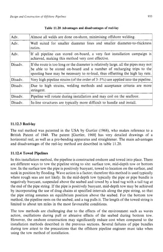 Design and Construction of Offshore Pipelines zyxwvuts
'Disadv.
Disadv.
933
Very high pipeline strains (of the order of 3-5%) are applied into the pipeline.
Due to high strains, welding methods and acceptance criteria are more z
Table 11.20 Advantages and disadvantages of reel-lay
Disadv. zyxwvuts
1 Adv. IAlmost all welds are done on-shore. minimising offshore welding. I
In-line structures are typically more difficult to handle and install. I
Well suited for smaller diameter lines and smaller diameter-to-thickness
ratios.
can stored on-board, a very fast installation campaign is1
achieved, making this method very cost effective. 1
Disadv. If the route is too long or the diameter is relatively large, all the pipes may not
be able to be stored on-board and a number of recharging trips to the
spooling base may be necessary to re-load, thus offsetting the high lay rate.
1Disadv. IPipeline will rotate during installation and may coil on the seafloor. I
11.12.3 Reel-lay
The reel method was patented in the USA by Gurtler (1968), who makes reference to a
British Patent of 1948. The patent [Gurtler, 19681 has very detailed drawings of a
horizontal reel, as well as a pre-bending apparatus and straightener. The main advantages
and disadvantages of the reel-lay method are described in table 11.20.
11.12.4 Towed Pipelines
In this installation method, the pipeline is constructed onshore and towed into place. There
are different ways to tow the pipeline string to site: surface tow, mid-depth tow or bottom
tow. In the surface tow the pipe is positively buoyant, towed to location on the surface, and
sunk in position by flooding. Wave action is a factor; therefore this method is used typically
where rough seas are not likely. In the mid-depth tow typically the pipe or pipe bundle is
negatively buoyant, suspended above the seabed and towed by a lead tug with a tail tug at
the end of the pipe string. If the pipe is positively buoyant, mid-depth tow may be achieved
by incorporating the use of drag chains at specified intervals along the pipe string, so that
the pipe string assumes an equilibrium position above the seabed. For the bottom tow
method, the pipeline rests on the seabed, and a tug pulls it. The length of the towed string is
limited to about ten miles in the most favourable conditions.
The tow methods are challenging due to the effects of the environment such as waves
action, oscillations during pull or abrasive effects of the seabed during bottom tow.
However, the onshore construction may significantly reduce cost when compared to the
installation methods described in the previous sections. Several failures of pipe bundles
during tow attest to the precautions that the offshore pipeline engineer must take when
using the tow method of installation.
 