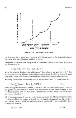 954 zyxwvutsrqpo
Chapter 12 z
v)
K zyxwv
0
K
K
w
c
0
w
K
K
0
0 zyxw
z
v)
c
v)
0
0
Concept Preliminaly Detailed Construction zyxwv
8 In Service
Design Design Design Commision
LIFE CYCLE PHASE zyx
Figure 12.3 Life cycle costs to correct errors
are there large direct future costs associated with fixing errors, but also large indirect costs
associated with loss of business and loss of image.
The present value of the total life cycle cost, C,associated with the performance of a system
can be expressed as:
c zyxwv
= c o +( C s t Cr+ CM+ C R ) = co +CF (12.12)
where the subscript 0 refers to the initial cost, zyxw
S refers to loss of serviceability cost, z
Zrefers
to inspection cost, M refers to structural maintenance costs, R refers to structural repair
costs and F to the total future costs associated with the maintenance of the system.
Assuming a continuous discounting, each of the individual costs can be expressed as:
cX= CC, exp(-r T,) = C,(PVF,) (12.13)
where the uppercase subscript X refers to a type of cost, the lowercase subscript zy
x refers to
the specific cost, the summation is taken over the occasions or time for the category of cost,
Y is the net discount rate, Tis the time that the expense is incurred, and PVF is the resultant
net present value function.
All of these categories of costs are variable and uncertain. Likelihoods (or probabilities)
can be entered into the process in several ways. A traditional approach has been to focus
on expected costs in which the estimated cost is multiplied by the probability, P. of
experiencing that cost:
E [CX]= CXPX (12.14)
 