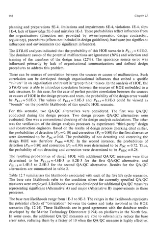 988 zyxwvutsrqponm
Chapter 12 z
planning and preparations 5E-4, limitations and impairments 6E-4, violations 1E-4, slips
1E-4,lack of knowledge 5E-3 and mistakes 1E-3.These probabilities reflect influences from
the organisations (direction not provided by ownerjoperator, design contractor,
regulatory), procedures (effectsnot included in design guidelines), hardware (no significant
influences) and environments (no significant influences).
The zyxwvutsr
SYRAS analyses indicated that the probability of this HOE scenario is PE1.l
=8.9E-3.
The dominant causes of the potential malfunctions are ignorance (56%) and selection and
training of the members of the design team (22%). The ignorance source error was
influenced primarily by lack of organisational communications and defined design
procedures to address this problem.
There can be sources of correlation between the sources or causes of malfunctions. Such
correlation can be developed through organisational influences that embed a specific
“culture” in an organisation and result in “group think” biases. In the analysis of HOE, the
SYRAS user is able to introduce correlation between the sources of HOE embedded in a
task structure. In this case, for the case of perfect positive correlation between the sources
or causes of HOE in the design process and team, the probability of the design error would
be P~1.1
=5.OE-3. The values of P E ~ . I =
5.OE-3 and P E ~ . ~
=8.9E-3 could be viewed as
“bounds” on the possible likelihoods of this specific HOE scenario.
For this scenario, two QAjQC alternatives were considered. The first was QA/QC
conducted during the design process. Two design process QA/QC alternatives were
evaluated. One was a conventional checking of the design analysis calculations. The other
was the verification of the design analysis processes by experienced “third-party” design
and construction engineers. Based on the results of design process checking cited earlier,
the probabilities of detection zyxwv
(Po=0.10) and correction (Pc= 0.80) for the first alternative
were determined to be P D ~
=0.08. The probability of not detecting and correcting the
design HOE was therefore PNDC
=0.92. In the second instance, the probabilities of
detection (Po=0.80) and correction (Pc=0.90) were determined to be PDc= 0.72. Thus,
the probability of not detecting and correction were determined to be PNDC
=0.28.
The resulting probabilities of design HOE with additional QA/QC measures were thus
determined to be P E ~ . ~ A
=4.6E-3 to 8.2E-3 for the first QA/QC alternative, and
P E ~
I B = 1.4E-3 to 2.5E-3 for the second QAiQC alternative. Results for the QA/QC
alternatives are summarised in table 2.
Table 12.7 summarises the likelihoods associated with each of the five life cycle scenarios.
The base rate likelihoods refer to the condition where the currently specified QA/QC
measures were employed. Likelihoods were also developed for additional QA/QC measures
representing significant (Alternative A) and major (Alternative B) improvements in these
processes.
The base rate likelihoods range from 1E-3to 9E-3. The ranges in the likelihoods represents
the potential effects of “correlation” between the causes and tasks involved in the HOE
scenarios (fig. 12.14). These likelihoods are in good agreement with the database results
developed by the Marine Technology Directorate (1994) on platforms in the North Sea.
In some cases, the additional QA,’QC measures are able to substantially reduce the base
error rates, reducing them by a factor of 10 when the QA/QC measure is highly effective.
 