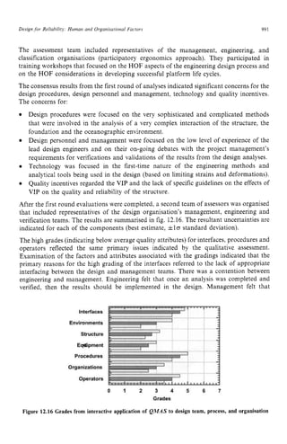 Design for Reliabilitj. Human and Organisarional Factors zyxwvu
99 z
1
The assessment team included representatives of the management, engineering, and
classification organisations (participatory ergonomics approach). They participated in
training workshops that focused on the HOF aspects of the engineering design process and
on the HOF considerations in developing successful platform life cycles.
The consensus results from the first round of analyses indicated significant concerns for the
design procedures, design personnel and management, technology and quality incentives.
The concerns for:
Design procedures were focused on the very sophisticated and complicated methods
that were involved in the analysis of a very complex interaction of the structure, the
foundation and the oceanographic environment.
Design personnel and management were focused on the low level of experience of the
lead design engineers and on their on-going debates with the project management’s
requirements for verifications and validations of the results from the design analyses.
Technology was focused in the first-time nature of the engineering methods and
analytical tools being used in the design (based on limiting strains and deformations).
Quality incentives regarded the VIP and the lack of specific guidelines on the effects of
VIP on the quality and reliability of the structure.
After the first round evaluations were completed, a second team of assessors was organised
that included representatives of the design organisation’s management, engineering and
verification teams. The results are summarised in fig. 12.16. The resultant uncertainties are
indicated for each of the components (best estimate, zyxw
&lo standard deviation).
The high grades (indicating below average quality attributes) for interfaces, procedures and
operators reflected the same primary issues indicated by the qualitative assessment.
Examination of the factors and attributes associated with the gradings indicated that the
primary reasons for the high grading of the interfaces referred to the lack of appropriate
interfacing between the design and management teams. There was a contention between
engineering and management. Engineering felt that once an analysis was completed and
verified, then the results should be implemented in the design. Management felt that z
Figure 12.16 Grades from interactive application of zyxwvu
QMAS to design team, process, and organisation
 