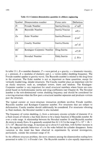 1006 zyxwvutsrqpo
Table 13.1 Common dimensionlessquantities in offshore engineering zyx
Chapter z
13
1zyxwvutsrqponmlkjihgfedcbaZYXWVUTSR
Symbol IDimensionless number IForce ratio IDefinition I
1Fr 1Froude Number /Inertia/Gravity ]zyxwvutsrq
u2/gD 1
1Re ~ Reynolds Number IInertia/Viscous
iEu 1Euler Number
,
IInertia/Pressure
I P I P 2 I
1Ch Cauchy Number
I
I UTID ~
1KC Keulegan-Carpenter Number Drag/Inertia
ISt ~ Strouhal Number
In table 13.1,D =member diameter, T = wave period, g = gravity, u = kinematic viscosity,
p = pressure, E = modulus of elasticity and zyxw
fe = vortex (eddy) shedding frequency. The
Froude number applies to gravity waves. The Reynolds number is related to the drag force
in the structure. The Euler number is not as important as these quantities, except for
vertically loaded long, slender structures. The Cauchy number plays an important role for
an elastic structure, such as, compliant towers, risers and tendons. The Keulegan-
Carpenter number is very important for small structural members where forces are com-
puted based on hydrodynamic inertia and drag coefficients (see Chapter 4). The Strouhal
number is the non-dimensional vortex shedding frequency and should be considered for
a moving structure when the flow past a structuralmember separates and produces vortices
past the structure.
The typical current or wave-structure interaction problem involves Froude number,
Reynolds number and Keulegan-Carpenter number. For structures that are subject to
deformation, Cauchy number should additionally be considered. For structures vibrating
in fluid medium, the Strouhal number is also included.
The frequency of vortex shedding, fe, from a stationary circular cylinder of diameter D in
a fluid stream of velocity u has been shown to be a linear function of Reynolds number Re
over a wide range. A relationship between the Strouhal number St and Reynolds number
Re exists in steady flows. It is generally accepted that St =0.2 in the range 2.5 x lo2 < Re <
2.5 x 10’. Beyond this range, St increases up to about 0.3 and then, with further increase in
Re, the regular periodic behaviour of u in the wake behind the cylinder disappears. Some
variation in this trend has been observed in experiments by several investigators,
particularly, outside the constant range of St.
In the offshore structure problem, the most common among the dimensionless scaling laws
presented in table 13.1is Froude’s law. The Reynolds number is also equally important in
 