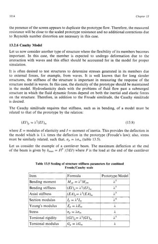 1014 zyxwvutsrqpon
Chapter z
13
1zyxwvutsrqponmlkjihgfedcbaZ
Formula
Item
Bending moment ~ JW,,~
= h5M,
the presence of the screen appears to duplicate the prototype flow. Therefore, the measured
resistance will be close to the scaled prototype resistance and no additional corrections due
to Reynolds number distortion are necessary in this case.
Prototype/Model
h5 zyx
13.2.6 Cauchy Model
Let us now consider another type of structure where the flexibility of its members becomes
important. In this case, the member is expected to undergo deformation due to the
interaction with waves and this effect should be accounted for in the model for proper
simulation.
It is often desired to test structures to determine stresses generated in its members due
to external forces, for example, from waves. It is well known that for long slender
structures, the stiffness of the structure is important in measuring the response of the
structure model in waves. In this case, the elasticity of the prototype should be maintained
in the model. Hydroelasticity deals with the problems of fluid flow past a submerged
structure in which the fluid dynamic forces depend on both the inertial and elastic forces
on the structure. Therefore, in addition to the Froude similitude, the Cauchy similitude
is desired.
The Cauchy similitude requires that stiffness, such as in bending, of a model must be
related to that of the prototype by the relation:
Bending stiffness 1(EI),= h5(EI),
Axial stiffness EA),= h3(EA),
Section modulus irI,= h41,
(13.8)
h5 zyx
h3
h4 1
where E = modulus of elasticity and I = moment of inertia. This provides the deflection in
the model which is l/h times the deflection in the prototype (Froude’s law); also, stress
must be similarly related, such that, zyxwv
a
, = ha, (table 13.5).
Let us consider the example of a cantilever beam. The maximum deflection at the end
of the beam is given by zyxwv
S
,
,
, = F13 /(3EI)where F is the load at the end of the cantilever
Table 13.5 Scaling of structure stiffness parameters for combined
Froude/Caucby scale
ILung’s modulus iEp =LE,,,
~ !
5 1
Torsional modulus
Stress a
, = ha,
Torsional rigidity (GI),= P ( G I ) ~
1 G, = hG,
 