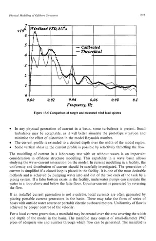 Physicul Modelling of Offshore Structures zyxwvuts
1025 z
4 zyxwvu
3 zyxwv
f zyxwvutsrqp
0
0.00 0.02 0.04 0.Q6 0.08 0. z
z
FmFtlCy, zyx
rr;r
Figure 13.5 Comparison of target and measured wind load spectra
In any physical generation of current in a basin, some turbulence is present. Small
turbulence may be acceptable, as it will better simulate the prototype situation and
minimise the effect of distortion in the model Reynolds number.
The current profile is extended to a desired depth over the width of the model region.
0 Some vertical shear in the current profile is possible by selectively throttling the flow.
The modelling of current in a laboratory test with or without waves is an important
consideration in offshore structure modelling. This capability in a wave basin allows
studying the wave-current interaction on the model. In current modelling in a facility, the
uniformity and distribution of current should be carefully investigated. The generation of
current is simplified if a closed loop is placed in the facility. It is one of the most desirable
methods and is achieved by pumping water into and out of the two ends of the tank by a
piping system. If a false bottom exists in the facility, underwater pumps can circulate the
water in a loop above and below the false floor. Counter-current is generated by reversing
the flow.
If an installed current generation is not available. local currents are often generated by
placing portable current generators in the basin. These may take the form of series of
hoses with outside water source or portable electric outboard motors. Uniformity of flow is
achieved by proper control of the velocity.
For a local current generation, a manifold may be created over the area covering the width
and depth of the model in the basin. The manifold may consist of small-diameter PVC
pipes of adequate size and number through which flow can be generated. The manifold is
 