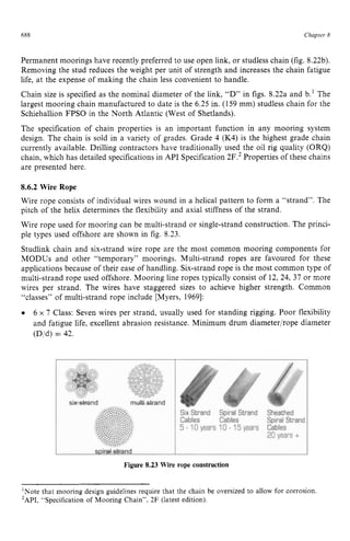 688 zyxwvutsrqpo
Chapter z
8
Permanent moorings have recently preferred to use open link, or studless chain (fig. 8.22b).
Removing the stud reduces the weight per unit of strength and increases the chain fatigue
life, at the expense of making the chain less convenient to handle.
Chain size is specified as the nominal diameter of the link, “D” in figs. 8.22a and b.’ The
largest mooring chain manufactured to date is the 6.25 in. (159 mm) studless chain for the
Schiehallion FPSO in the North Atlantic (West of Shetlands).
The specification of chain properties is an important function in any mooring system
design. The chain is sold in a variety of grades. Grade 4 zyxw
(K4) is the highest grade chain
currently available. Drilling contractors have traditionally used the oil rig quality (ORQ)
chain, which has detailed specifications in API Specification 2F.2Properties of these chains
are presented here.
8.6.2 Wire Rope
Wire rope consists of individual wires wound in a helical pattern to form a “strand”. The
pitch of the helix determines the flexibility and axial stiffness of the strand.
Wire rope used for mooring can be multi-strand or single-strand construction. The princi-
ple types used offshore are shown in fig. 8.23.
Studlink chain and six-strand wire rope are the most common mooring components for
MODUS and other “temporary” moorings. Multi-strand ropes are favoured for these
applications because of their ease of handling. Six-strand rope is the most common type of
multi-strand rope used offshore. Mooring line ropes typically consist of 12, 24, 37 or more
wires per strand. The wires have staggered sizes to achieve higher strength. Common
“classes” of multi-strand rope include [Myers, 19691:zyxw
0 6 zyxwvuts
x 7 Class: Seven wires per strand, usually used for standing rigging. Poor flexibility
and fatigue life, excellent abrasion resistance. Minimum drum diameter/rope diameter
(Did) = 42.
Figure 8.23 Wire rope construction
’Note that mooring design guidelines require that the chain be oversized to allow for corrosion
*API. “Specification of Mooring Chain”, 2F (latest edition).
 