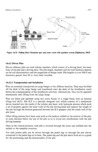 Offshore zyxwvutsrqponm
Installation zyxwvutsrqp
1073 z
Figure 14.15 Pulling Horn Mountainspar and crane vessel with equaliser system [Dijkhuizen, zy
20031
14.4.2 Driven Piles
Driven offshore piles are steel tubular members which consist of a driving head, the main
body of the pile and a driving shoe. The pile length, diameter and the wall thickness depend
on the soil characteristics and the magnitude of design loads. Pile lengths to over 500 ft and
diameters greater than 96 in. have been installed.
14.4.2.1 Transportation and Installation
Piles are normally transported on cargo barges to the offshore location. They may be lifted
off the deck of the cargo barge and transferred onto the deck of the installation vessel
before the commencement of the installation activities. Alternatively, they can be upended
immediately after lifting from the cargo barge.
Piles are lifted and upended using two crane blocks or a single block with an internal
lifting tool (ILT). The ILT is a specially designed tool, which consists of a mechanical
device inserted into the inside of the tubular pile head, with hydraulic pistons which push
a set of grippers against the inner walls of the pile driving head and support the weight of
the pile through the friction generated between the ILT grippers and the inside wall of the
pile head.
Other lifting options have been used such as the padeyes welded to the exterior of the pile,
at some distance below the top of the pile so as to avoid any interferences with the pile
driving hammer.
Once in the vertical position, each pile is lowered through the water and stabbed into the
seabed or the template structure.
For steel jackets piles can be driven through the jacket legs or through the pile sleeves
connected to the jacket legs at its base. Thejacket leg and the pile sleeve both act as a guide
for the positioning and the directionality of the pile.
 