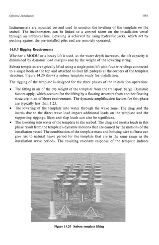 Offshore zyxwvutsrqponm
Installatiori zyxwvutsrq
1081 z
Inclinometers are mounted on and used to monitor the levelling of the template on the
seabed. The inclinometers can be linked to a control room on the installation vessel
through an umbilical line. Levelling is achieved by using hydraulic jacks, which act by
pushing against the pre-installed piles and are remotely operated. zyx
14.5.3 Rigging Requirements
Whether a MODU or a heavy lift is used, as the water depth increases, the lift capacity is
diminished by dynamic load margins and by the weight of the lowering string.
Subsea templates are typically lifted using a single point lift with four wire slings connected
to a single hook at the top and attached to four lift padeyes at the corners of the template
structure. Figure 14.20 shows a subsea template ready for installation.
The rigging of the template is designed for the three phases of the installation operation:
The lifting in air of the dry weight of the template from the transport barge. Dynamic
factors apply, which account for the lifting by a floating structure from another floating
structure in an offshore environment. The dynamic amplification factors for this phase
are typically less than 1.25.
The lowering of the template into water through the wave zone. The drag and the
inertia due to the direct wave load impart additional loads on the template and the
supporting riggings. Slam and slap loads can also be significant.
The lowering into water of the template to the seabed. The drag and inertia loads in this
phase result from the template’s dynamic motions that are caused by the motions of the
installation vessel. The combination of the template mass and hoisting wire stiffness can
give rise to natural heave period for the template that are in the same range as the
installation wave periods. The resulting resonant response of the template induces
Figure 14.20 Subsea template lifting
 