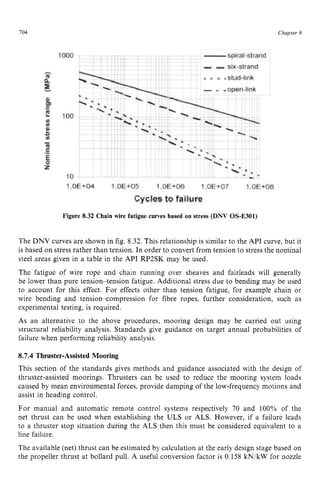 704 zyxwvutsrqp
Figure 8.32 Chain wire fatigue curves based on stress (DNV OS-E301) zyx
Chapter 8
The DNV curves are shown in fig. 8.32. This relationship is similar to the API curve, but it
is based on stress rather than tension. In order to convert from tension to stress the nominal
steel areas given in a table in the API RP2SK may be used.
The fatigue of wire rope and chain running over sheaves and fairleads will generally
be lower than pure tension-tension fatigue. Additional stress due to bending may be used
to account for this effect. For effects other than tension fatigue, for example chain or
wire bending and tension-compression for fibre ropes, further consideration, such as
experimental testing, is required.
As an alternative to the above procedures, mooring design may be carried out using
structural reliability analysis. Standards give guidance on target annual probabilities of
failure when performing reliability analysis.
8.7.4 Thruster-Assisted Mooring
This section of the standards gives methods and guidance associated with the design of
thruster-assisted moorings. Thrusters can be used to reduce the mooring system loads
caused by mean environmental forces. provide damping of the low-frequency motions and
assist in heading control.
For manual and automatic remote control systems respectively 70 and 100% of the
net thrust can be used when establishing the ULS or ALS. However, if a failure leads
to a thruster stop situation during the ALS then this must be considered equivalent to a
line failure.
The available (net) thrust can be estimated by calculation at the early design stage based on
the propeller thrust at bollard pull. A useful conversion factor is 0.158 kN/kW for nozzle
 
