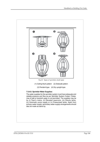 Handbook on Building Fire Codes
IITK-GSDMA-Fire 05-V3.0 Page 106
Fig-33 Types of sprinklers (bulb type)
(1) Ceiling flush pattern (2) Sidewall pattern
(3) Pendent type (4) Dry upright type
7.5.4.8. Sprinkler Water Supplies:
The water supplies for the sprinkler system must have adequate and
reliable pressure and flow as per Sprinkler System Codes / Rules.
Use of salt or brackish water is not permitted. The supplies may be
by (i) Town’s mains, (ii) Elevated reservoirs, (iii) Gravity tanks,
(iv) Automatic pump supply or (v) Pressurised tanks. Apart from
primary water supply, secondary water supply arrangements should
also be made as stand by.
 