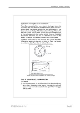 Handbook on Building Fire Codes
IITK-GSDMA-Fire 05-V3.0 Page 129
(b) Systems involving the use of a Foam Dam:
Foam Dams should be fitted where foam is discharged above the
seal area. They should also be fitted for systems where foam is in-
jected below the weather shield of a tube seal design, if the
distance between the top of the tube seal and the top of the roof is
less than 150mm. In such cases, the dam should be installed on top
of the roof adjacent to the weather shield. Systems should be
designed to deliver not less than 12.5 1/m2
/minute based on the
area of the annular ring between the foam dam and tank shell.
(c) Where foam dams are not provided, the system should be
designed to deliver not less than 20 lpm/m2
of foam. The system
should be capable of operation for at least 20 mins.
Fig-44 Foam system installed on the floating roof top
7.5.8.10. SUB SURFACE FOAM SYSTEMS
(a) General
(i) This covers systems for the protection of fuel storage tanks, by
which foam is injected at the base of the tank with sufficient
pressure to overcome the head of fuel. A special foam inlet pipe
may be used.
 