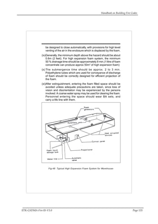 Handbook on Building Fire Codes
IITK-GSDMA-Fire 05-V3.0 Page 135
be designed to close automatically, with provisions for high level
venting of the air in the enclosure which is displaced by the foam.
(ix)Generally, the minimum depth above the hazard should be about
0.6m (2 feet). For high expansion foam system, the minimum
50 % drainage time should be approximately 8 min.(1 litre of foam
concentrate can produce approx 50m3
of high expansion foam)
(x) The submergence time should be approx. 2 to 3 min.
Polyethylene tubes which are used for conveyance of discharge
of foam should be correctly designed for efficient projection of
the foam.
(xi)After extinguishment, entering the foam filled space should be
avoided unless adequate precautions are taken, since loss of
vision and disorientation may be experienced by the persons
involved. A coarse water spray may be used for clearing the foam.
Personnel entering the space should wear BA sets, and
carry a life line with them.
Fig-48 Typical High Expansion Foam System for Warehouse-
 