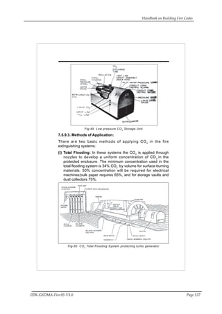 Handbook on Building Fire Codes
IITK-GSDMA-Fire 05-V3.0 Page 137
Fig-49 Low pressure CO2
Storage Unit
7.5.9.3. Methods of Application:
There are two basic methods of applying CO2
in the fire
extinguishing systems:
(i) Total Flooding: In these systems the CO2
is applied through
nozzles to develop a uniform concentration of CO2
in the
protected enclosure. The minimum concentration used in the
total flooding system is 34% CO2
by volume for surface-burning
materials. 50% concentration will be required for electrical
machines;bulk paper requires 65%, and for storage vaults and
dust collectors 75%.
Fig-50 CO2
Total Flooding System protecting turbo generator
 