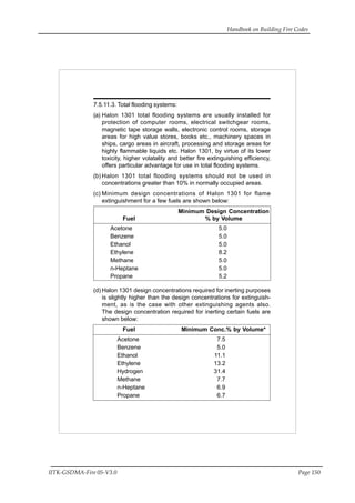 Handbook on Building Fire Codes
IITK-GSDMA-Fire 05-V3.0 Page 150
7.5.11.3. Total flooding systems:
(a) Halon 1301 total flooding systems are usually installed for
protection of computer rooms, electrical switchgear rooms,
magnetic tape storage walls, electronic control rooms, storage
areas for high value stores, books etc., machinery spaces in
ships, cargo areas in aircraft, processing and storage areas for
highly flammable liquids etc. Halon 1301, by virtue of its lower
toxicity, higher volatality and better fire extinguishing efficiency,
offers particular advantage for use in total flooding systems.
(b) Halon 1301 total flooding systems should not be used in
concentrations greater than 10% in normally occupied areas.
(c) Minimum design concentrations of Halon 1301 for flame
extinguishment for a few fuels are shown below:
Minimum Design Concentration
Fuel % by Volume
Acetone 5.0
Benzene 5.0
Ethanol 5.0
Ethylene 8.2
Methane 5.0
n-Heptane 5.0
Propane 5.2
(d) Halon 1301 design concentrations required for inerting purposes
is slightly higher than the design concentrations for extinguish-
ment, as is the case with other extinguishing agents also.
The design concentration required for inerting certain fuels are
shown below:
Fuel Minimum Conc.% by Volume*
Acetone 7.5
Benzene 5.0
Ethanol 11.1
Ethylene 13.2
Hydrogen 31.4
Methane 7.7
n-Heptane 6.9
Propane 6.7
 