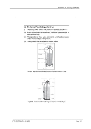 Handbook on Building Fire Codes
IITK-GSDMA-Fire 05-V3.0 Page 169
(e) Mechanical Foam Extinguisher (9 L):
(i) The extinguisher is filled with pre-mixed foam solution(AFFF)
(ii) Foam extinguisher can either be of the stored pressure type, or
gas cartridge type.
(iii) The operation of these types is similar to what has been stated
under the water type extinguishers.
(iv) The figures of the two types are shown below:
Fig-59-A Mechanical Foam Extinguisher (Stored Pressure Type)
Fig-59-B Mechanical Foam Extinguisher (Gas CartridgeType)
 
