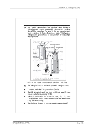 Handbook on Building Fire Codes
IITK-GSDMA-Fire 05-V3.0 Page 172
(iv) Dry Powder Extinguisher (Gas Cartridge) type: 4 sizes of
extinguishers of this type are available in the market - 1kg, 2kg,
5kg & 10 kg capacities. The sizes of the gas cartridges also
vary according to the extinguisher size. This type of
extinguisher is quite common as a requirement for various type
of occupancies.
Fig-61-B Dry Powder Extinguisher(Gas Cartridge) - two types
(g) CO2
Extinguisher: The main features of this extinguisher are:
It consists basically of a high pressure cylinder;
The CO2
is retained mostly in a liquid condition at about 51 bars
pressure (at a temperature of 15o
C)
Different capacities are available, viz., 2kg, 3kg and
4.5 kg (portable types). Trolley mounted types are of capacities
6.5kg, 9kg and 22.5kg.
The discharge time etc. of various types are given overleaf:
 