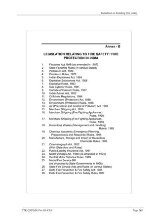 Handbook on Building Fire Codes
IITK-GSDMA-Fire 05-V3.0 Page 248
Annex - B
LEGISLATION RELATING TO FIRE SAFETY / FIRE
PROTECTION IN INDIA
1. Factories Act 1948 (as amended in 1987)
2. State Factories Rules (in various States)
3. Petroleum Act, 1934
4. Petroleum Rules, 1976
5. Indian Explosives Act, 1884
6. Explosive Substances Act, 1908
7. Explosive Rules, 1983
8. Gas Cylinder Rules, 1981
9. Carbide of Calcium Rules, 1937
10. Indian Mines Act, 1952
11. Oil Mines Regulations, 1984
12. Environment (Protection) Act, 1986
13. Environment (Protection) Rules, 1986
14. Air (Prevention and Control of Pollution) Act, 1981
15. Merchant Shipping Act, 1958
16. Merchant Shipping (Fire Fighting Appliances)
Rules, 1990
17. Merchant Shipping (Fire Fighting Appliances)
Rules, 1969
18. Hazardous Wastes (Management and Handling)
Rules, 1989
19. Chemical Accidents (Emergency Planning,
Preparedness and Response) Rules, 1996
20. Manufacture, Storage and Import of Hazardous
Chemicals Rules, 1989
21. Cinematograph Act, 1952
(With State Acts and Rules)
22. Public Liability Insurance Act, 1991
23. Motor Vehicles Act, 1988 (As amended in 1994)
24. Central Motor Vehicles Rules, 1989
25. Model Fire Service Bill
(As circulated to State Governments in 1958)
26. State Fire Service Acts and Rules (In various States)
27. Delhi Fire Prevention & Fire Safety Act, 1986
28. Delhi Fire Prevention & Fire Safety Rules,1987
 