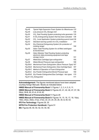 Handbook on Building Fire Codes
IITK-GSDMA-Fire 05-V3.0 Page 274
Fig-48 Typical High Expansion Foam System for Warehouse-133
Fig-49 Low pressure CO2
Storage Unit 135
Fig-50 CO2
Total Flooding System protecting turbo generator 135
Fig-51 A CO2
Extinguishing System that has been activated 136
Fig-52 CO2
Local Application System protecting quench tank136
Fig-53 Standard warning symbol of a CO2
Installation 141
Fig-54 Dry Chemical Extinguising System (for protection of
cooking range) 144
Fig-55 Halon Total Flooding System for oil-filled switchgear
& transformers 150
Fig-56 Halon Modular Total Flooding System protecting
electronic data processing equipment and tape
storage rooms 151
Fig-57 Water(Gas Cartridge) type extinguisher 165
Fig-58 Water(Stored Pressure) type extinguisher 166
Fig-59-A Mechanical Foam Extinguisher (Store Pressure Type) 167
Fig-59-B Mechanical Foam Extinguisher (Gas CartridgeType) 167
Fig-59-C Method of Operation of Foam Extinguisher 168
Fig-60-A Dry Powder Extinguisher(Stored Pressue) type 169
Fig-60-B Dry Powder Extinguisher(Gas Cartridge) - two types 170
Fig-61 CO2
Extinguisher 171
Acknowledgement: The figures mentioned above have been adopted
courtesy foreign Manuals / Books as indicated below:
HMSO Manual of Firemanship Book 1: Figures 1, 2, 3, 4, 5, 8, 11.
HMSO Manual of Firemanship Book 3: Figures 40, 41, 42, 46, 47, 57, 58,
59(a), 59-B, 60, 61-A, 61-B, 62.
HMSO Manual of Firemanship Book 7: Figure 29
HMSO Manual of Firemanship Book 9: Figures 14, 15, 16, 17, 18, 19(a),
19(b), 20(a), 20(b), 21(a), 21(b), 22, 23, 24, 25, 26, 30, to 39, 53.
IFE Fire Technology: Figures 29, 30
NFPA Fire Protection Handbook: Figure 51
BS: Figures 48, 49, 50, 52, 54, 55, 56.
 