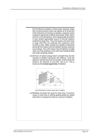 Handbook on Building Fire Codes
IITK-GSDMA-Fire 05-V3.0 Page 28
from the flame by radiation in these cases. However, larger
fires involving ordinary fuels may release 30 to 50 percent
of the total amount of energy as radiation, exposing nearby
surfaces to high levels of radiant heat transfer. Water vapour
and CO2
in the atmosphere, which will generally be present
in fires, absorb appreciable amount of thermal radiation
emitted from large fires. This is the reason why forest fires
or large LNG fires are relatively less hazardous when
humidity is high. Water droplets are capable of absorbing
almost all the incident infra-red radiation thereby cooling to
surroundings. This is the reason why fire fighters normally
enter a burning building or room with hose handlines fitted
with water spray/fog nozzles.
(iii) All forms of radiant energy travel in straight lines. But the
intensity of radiation decreases with distance. Twice the
distance, intensity becomes one quarter; at three times the
distance, the intensity is one-ninth, and so on. This is
known as the inverse square law of radiation.
Fig-4 Showing the inverse square law in radiation
(iv) Radiation has been the cause for many fires. A common
cause of home fires is clothing getting ignited by radiant
heat when it is placed too close to a source of radiation.
2 m
2 m
2 m
2 m2 m
1m
1m2 m
 