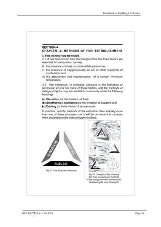 Handbook on Building Fire Codes
IITK-GSDMA-Fire 05-V3.0 Page 43
SECTION-4
CHAPTER -2- METHODS OF FIRE EXTINGUISHMENT
3. FIRE EXTINCTION METHODS
3.1. It has been shown from the triangle of fire that three factors are
essential for combustion, namely;
i) the presence of a fuel, or combustible substances;
ii) the presence of oxygen(usually as air) or other supporter of
combustion; and
iii) the attainment and maintenance of a certain minimum
temperature.
3.2 Fire extinction, in principle, consists in the limitation or
elimination of one ore more of these factors, and the methods of
extinguishing fire may be classified conveniently under the following
headings:
(a) Starvation (or the limitation of fuel);
(b) Smothering / Blanketing (or the limitation of oxygen); and
(c) Cooling (or the limitation of temperature).
In practice, specific methods of fire extinction often embody more
than one of these principles, but it will be convenient to consider
them according to the main principle involved.
OXYGEN
HEAT
FUEL
HEAT
OXYGEN
FUEL
COOLING
STARVATION
SMOTHERING
OXYGEN(B)
HEAT(C)
FUEL (A)
Fig-11 Triangle of Fire showing
the three conventional methods
of fire extinguishment-Starvation(A),
Smothering(B), and Cooling(C)
Fig-10 Fire Extinction Methods
 