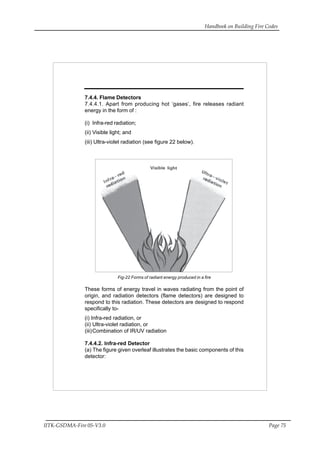 Handbook on Building Fire Codes
IITK-GSDMA-Fire 05-V3.0 Page 75
7.4.4. Flame Detectors
7.4.4.1. Apart from producing hot ‘gases’, fire releases radiant
energy in the form of :
(i) Infra-red radiation;
(ii) Visible light; and
(iii) Ultra-violet radiation (see figure 22 below).
Fig-22 Forms of radiant energy produced in a fire
These forms of energy travel in waves radiating from the point of
origin, and radiation detectors (flame detectors) are designed to
respond to this radiation. These detectors are designed to respond
specifically to-
(i) Infra-red radiation, or
(ii) Ultra-violet radiation, or
(iii)Combination of IR/UV radiation
7.4.4.2. Infra-red Detector
(a) The figure given overleaf illustrates the basic components of this
detector:
 