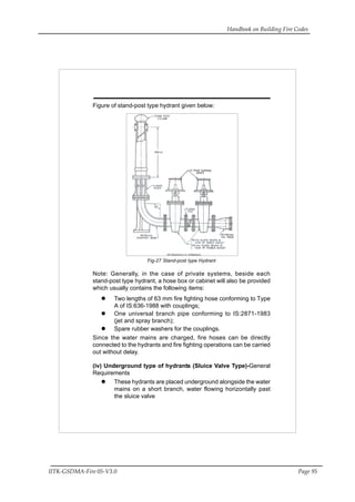 Handbook on Building Fire Codes
IITK-GSDMA-Fire 05-V3.0 Page 95
Figure of stand-post type hydrant given below:
Fig-27 Stand-post type Hydrant
Note: Generally, in the case of private systems, beside each
stand-post type hydrant, a hose box or cabinet will also be provided
which usually contains the following items:
Two lengths of 63 mm fire fighting hose conforming to Type
A of IS:636-1988 with couplings;
One universal branch pipe conforming to IS:2871-1983
(jet and spray branch);
Spare rubber washers for the couplings.
Since the water mains are charged, fire hoses can be directly
connected to the hydrants and fire fighting operations can be carried
out without delay.
(iv) Underground type of hydrants (Sluice Valve Type)-General
Requirements
These hydrants are placed underground alongside the water
mains on a short branch, water flowing horizontally past
the sluice valve
 