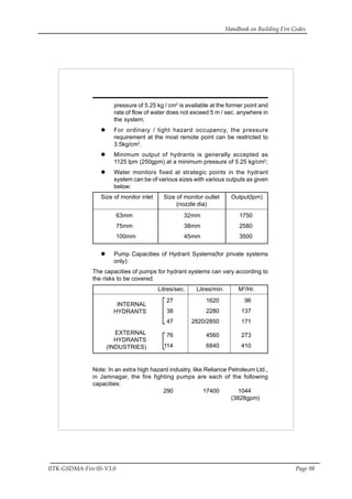 Handbook on Building Fire Codes
IITK-GSDMA-Fire 05-V3.0 Page 98
pressure of 5.25 kg / cm2
is available at the former point and
rate of flow of water does not exceed 5 m / sec. anywhere in
the system;
For ordinary / light hazard occupancy, the pressure
requirement at the most remote point can be restricted to
3.5kg/cm2
.
Minimum output of hydrants is generally accepted as
1125 lpm (250gpm) at a minimum pressure of 5.25 kg/cm2
;
Water monitors fixed at strategic points in the hydrant
system can be of various sizes with various outputs as given
below:
Size of monitor inlet Size of monitor outlet Output(lpm)
(nozzle dia)
63mm 32mm 1750
75mm 38mm 2580
100mm 45mm 3500
Pump Capacities of Hydrant Systems(for private systems
only):
The capacities of pumps for hydrant systems can vary according to
the risks to be covered.
Litres/sec. Litres/min. M3
/Hr.
27 1620 96
38 2280 137
47 2820/2850 171
76 4560 273
114 6840 410
Note: In an extra high hazard industry, like Reliance Petroleum Ltd.,
in Jamnagar, the fire fighting pumps are each of the following
capacities:
290 17400 1044
(3828gpm)
INTERNAL
HYDRANTS
EXTERNAL
HYDRANTS
(INDUSTRIES)
 
