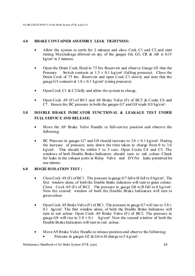 Handbook on maintenance of air brake system in lhb coaches (ftil type