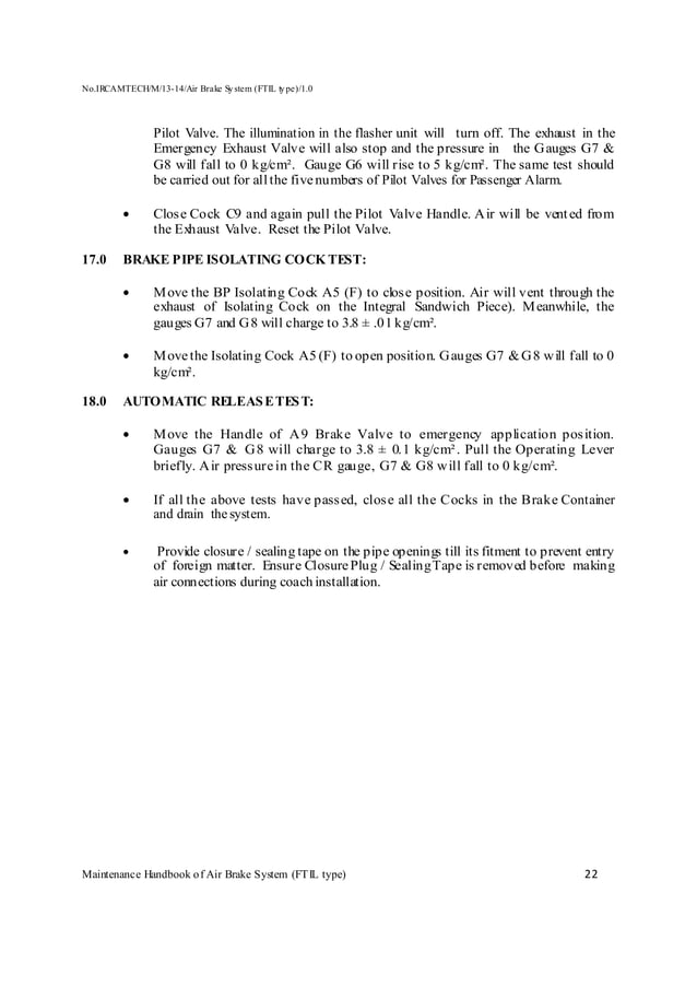 Handbook on maintenance of air brake system in lhb coaches (ftil type) PDF