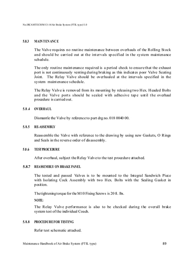 Handbook on maintenance of air brake system in lhb coaches (ftil type