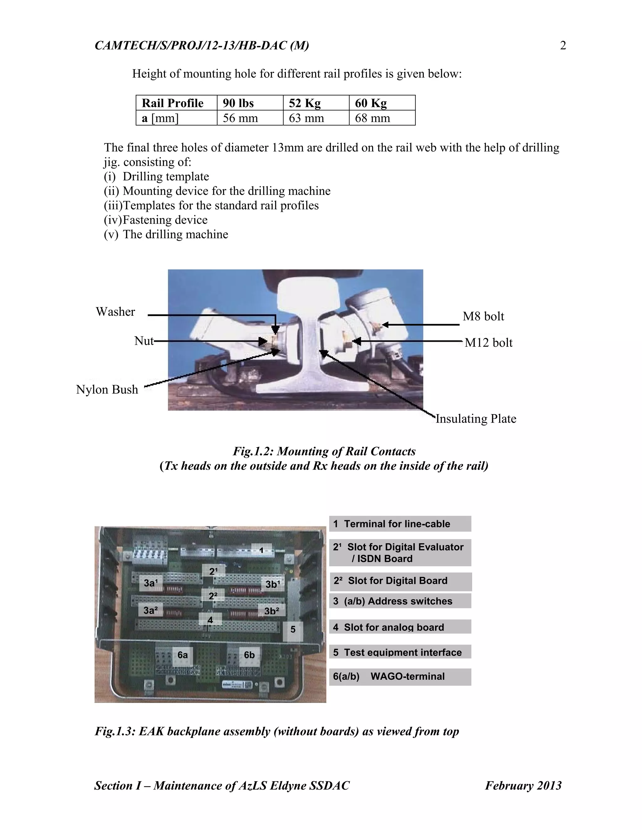 CAMTECH/S/PROJ/12-13/HB-DAC (M)
Section I – Maintenance of AzLS Eldyne SSDAC February 2013
2
Height of mounting hole for different rail profiles is given below:
Rail Profile 90 lbs 52 Kg 60 Kg
a [mm] 56 mm 63 mm 68 mm
The final three holes of diameter 13mm are drilled on the rail web with the help of drilling
jig. consisting of:
(i) Drilling template
(ii) Mounting device for the drilling machine
(iii)Templates for the standard rail profiles
(iv)Fastening device
(v) The drilling machine
Fig.1.2: Mounting of Rail Contacts
(Tx heads on the outside and Rx heads on the inside of the rail)
Fig.1.3: EAK backplane assembly (without boards) as viewed from top
1
6a
4
5
3b¹3a¹
2¹
6b
1 Terminal for line-cable
2¹ Slot for Digital Evaluator
/ ISDN Board
3 (a/b) Address switches
5 Test equipment interface
4 Slot for analog board
6(a/b) WAGO-terminal
2² Slot for Digital Board
2²
3b²3a²
Washer
Nut
Nylon Bush
Insulating Plate
M12 bolt
M8 bolt
 