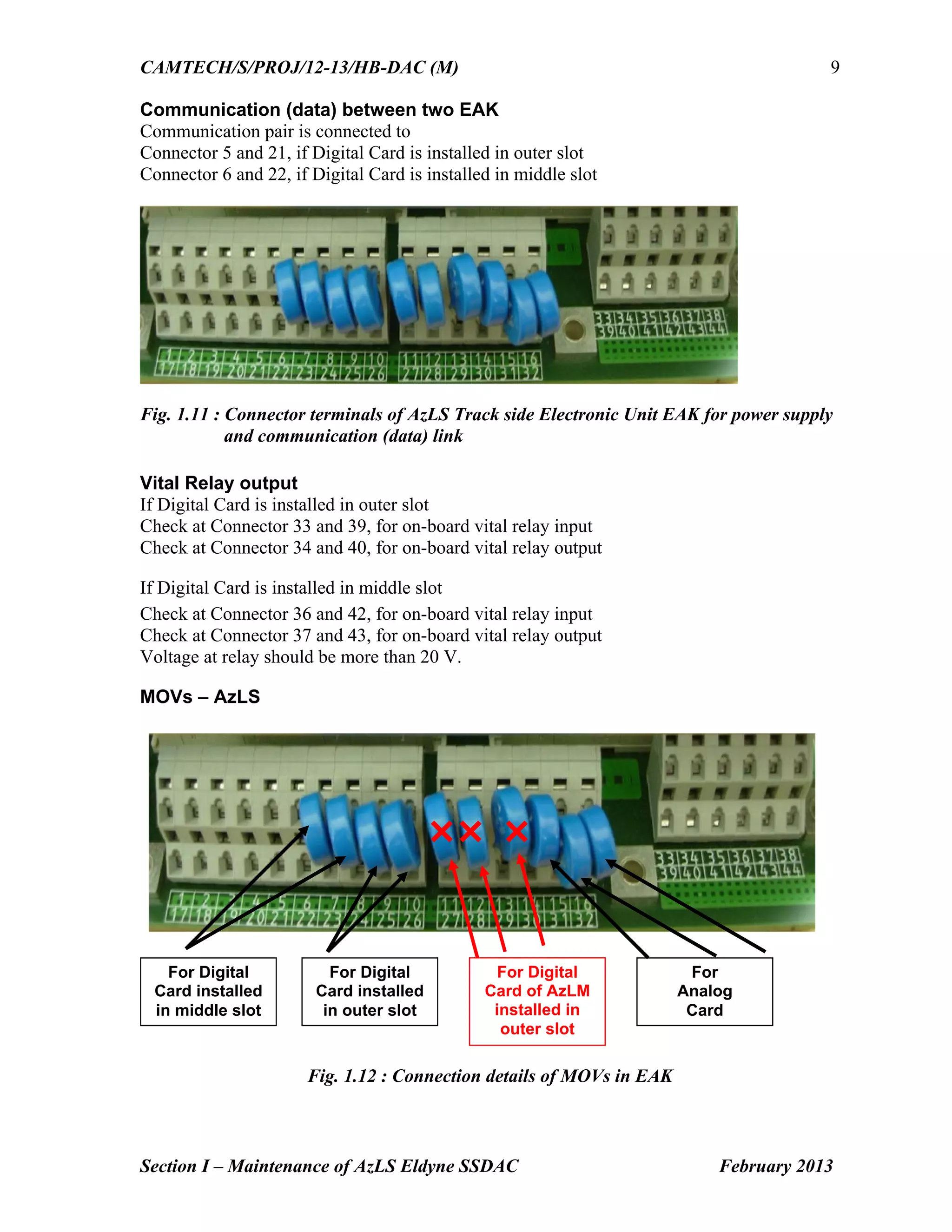 CAMTECH/S/PROJ/12-13/HB-DAC (M)
Section I – Maintenance of AzLS Eldyne SSDAC February 2013
9
Communication (data) between two EAK
Communication pair is connected to
Connector 5 and 21, if Digital Card is installed in outer slot
Connector 6 and 22, if Digital Card is installed in middle slot
Fig. 1.11 : Connector terminals of AzLS Track side Electronic Unit EAK for power supply
and communication (data) link
Vital Relay output
If Digital Card is installed in outer slot
Check at Connector 33 and 39, for on-board vital relay input
Check at Connector 34 and 40, for on-board vital relay output
If Digital Card is installed in middle slot
Check at Connector 36 and 42, for on-board vital relay input
Check at Connector 37 and 43, for on-board vital relay output
Voltage at relay should be more than 20 V.
MOVs – AzLS
Fig. 1.12 : Connection details of MOVs in EAK
For Digital
Card installed
in middle slot
For Digital
Card installed
in outer slot
For
Analog
Card
For Digital
Card of AzLM
installed in
outer slot
 