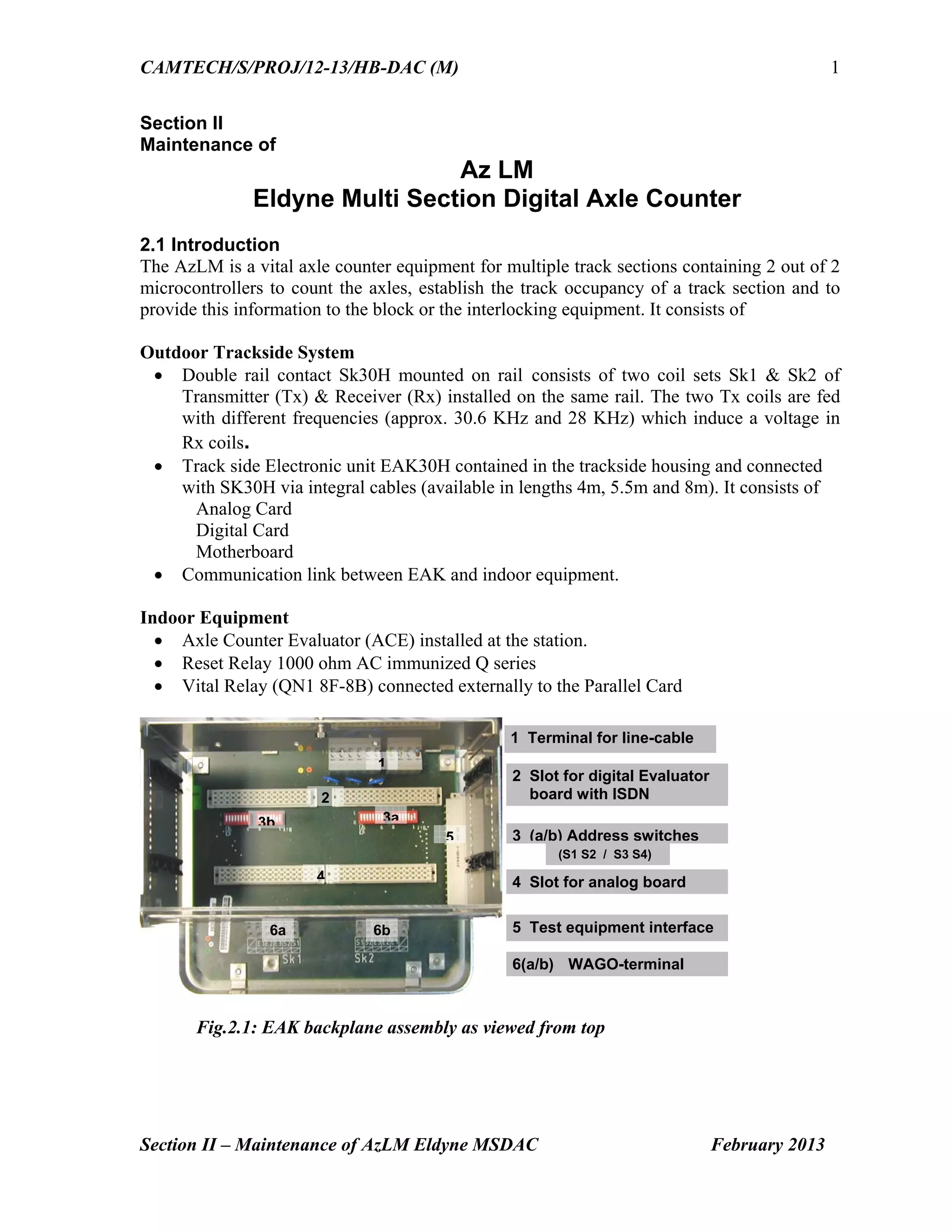 CAMTECH/S/PROJ/12-13/HB-DAC (M)
Section II – Maintenance of AzLM Eldyne MSDAC February 2013
1
Section II
Maintenance of
Az LM
Eldyne Multi Section Digital Axle Counter
2.1 Introduction
The AzLM is a vital axle counter equipment for multiple track sections containing 2 out of 2
microcontrollers to count the axles, establish the track occupancy of a track section and to
provide this information to the block or the interlocking equipment. It consists of
Outdoor Trackside System
 Double rail contact Sk30H mounted on rail consists of two coil sets Sk1 & Sk2 of
Transmitter (Tx) & Receiver (Rx) installed on the same rail. The two Tx coils are fed
with different frequencies (approx. 30.6 KHz and 28 KHz) which induce a voltage in
Rx coils.
 Track side Electronic unit EAK30H contained in the trackside housing and connected
with SK30H via integral cables (available in lengths 4m, 5.5m and 8m). It consists of
Analog Card
Digital Card
Motherboard
 Communication link between EAK and indoor equipment.
Indoor Equipment
 Axle Counter Evaluator (ACE) installed at the station.
 Reset Relay 1000 ohm AC immunized Q series
 Vital Relay (QN1 8F-8B) connected externally to the Parallel Card
Fig.2.1: EAK backplane assembly as viewed from top
1
6a
4
5
3b 3a
2
6b
2 Slot for digital Evaluator
board with ISDN
3 (a/b) Address switches
5 Test equipment interface
4 Slot for analog board
6(a/b) WAGO-terminal
1 Terminal for line-cable
(S1 S2 / S3 S4)
 