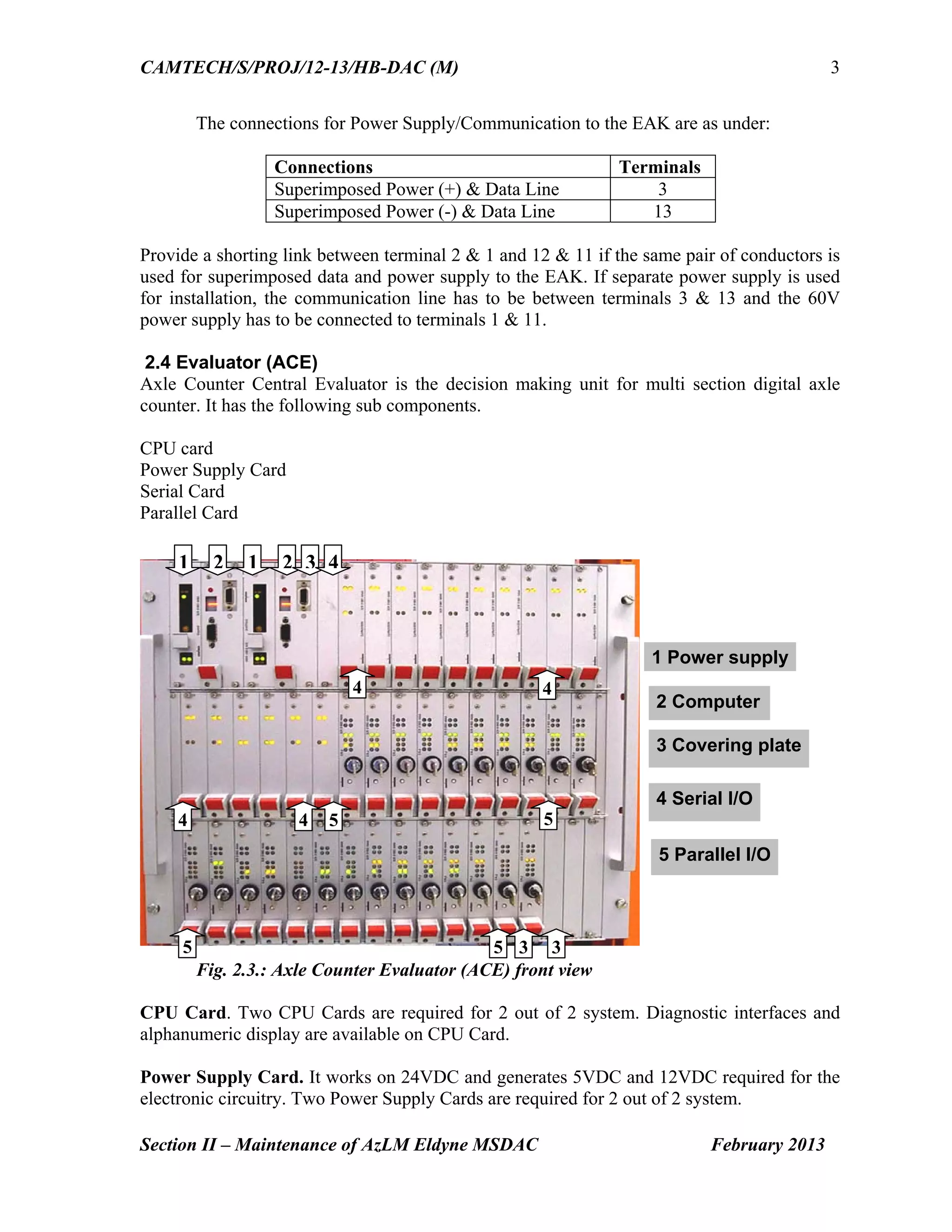CAMTECH/S/PROJ/12-13/HB-DAC (M)
Section II – Maintenance of AzLM Eldyne MSDAC February 2013
3
The connections for Power Supply/Communication to the EAK are as under:
Connections Terminals
Superimposed Power (+) & Data Line 3
Superimposed Power (-) & Data Line 13
Provide a shorting link between terminal 2 & 1 and 12 & 11 if the same pair of conductors is
used for superimposed data and power supply to the EAK. If separate power supply is used
for installation, the communication line has to be between terminals 3 & 13 and the 60V
power supply has to be connected to terminals 1 & 11.
2.4 Evaluator (ACE)
Axle Counter Central Evaluator is the decision making unit for multi section digital axle
counter. It has the following sub components.
CPU card
Power Supply Card
Serial Card
Parallel Card
Fig. 2.3.: Axle Counter Evaluator (ACE) front view
CPU Card. Two CPU Cards are required for 2 out of 2 system. Diagnostic interfaces and
alphanumeric display are available on CPU Card.
Power Supply Card. It works on 24VDC and generates 5VDC and 12VDC required for the
electronic circuitry. Two Power Supply Cards are required for 2 out of 2 system.
1 2 1 2 3 4
4
5 5 3
1 Power supply
5 Parallel I/O
5
4
44 5
3
4 Serial I/O
3 Covering plate
2 Computer
 