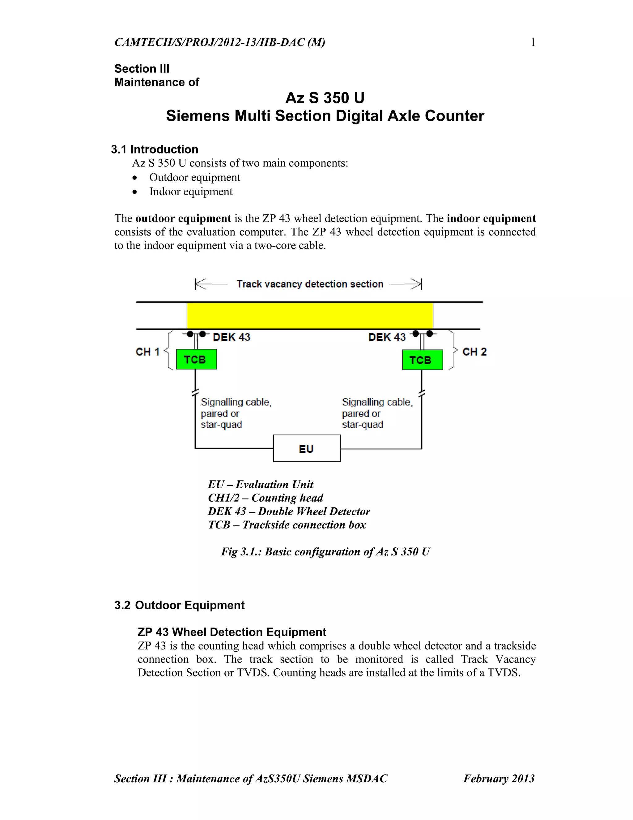 CAMTECH/S/PROJ/2012-13/HB-DAC (M)
Section III : Maintenance of AzS350U Siemens MSDAC February 2013
1
Section III
Maintenance of
Az S 350 U
Siemens Multi Section Digital Axle Counter
3.1 Introduction
Az S 350 U consists of two main components:
 Outdoor equipment
 Indoor equipment
The outdoor equipment is the ZP 43 wheel detection equipment. The indoor equipment
consists of the evaluation computer. The ZP 43 wheel detection equipment is connected
to the indoor equipment via a two-core cable.
EU – Evaluation Unit
CH1/2 – Counting head
DEK 43 – Double Wheel Detector
TCB – Trackside connection box
Fig 3.1.: Basic configuration of Az S 350 U
3.2 Outdoor Equipment
ZP 43 Wheel Detection Equipment
ZP 43 is the counting head which comprises a double wheel detector and a trackside
connection box. The track section to be monitored is called Track Vacancy
Detection Section or TVDS. Counting heads are installed at the limits of a TVDS.
 