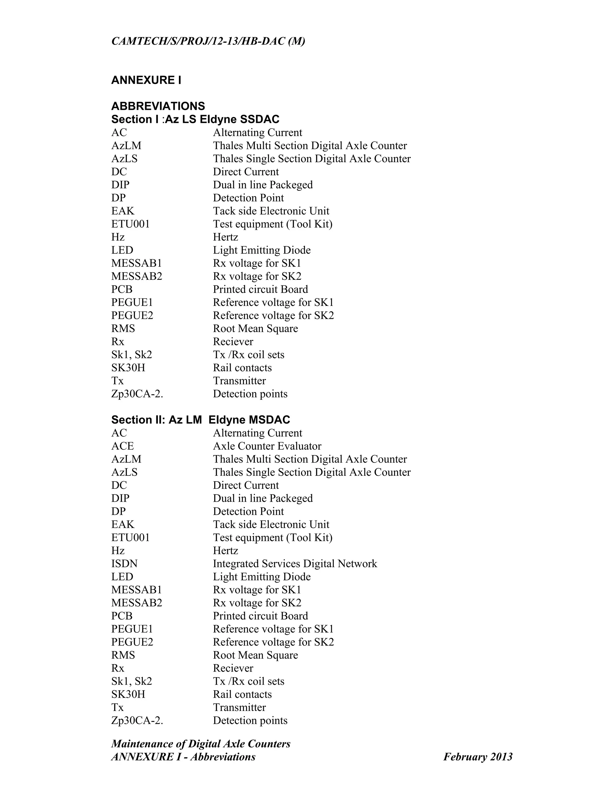 CAMTECH/S/PROJ/12-13/HB-DAC (M)
Maintenance of Digital Axle Counters
ANNEXURE I - Abbreviations February 2013
ANNEXURE I
ABBREVIATIONS
Section I :Az LS Eldyne SSDAC
AC Alternating Current
AzLM Thales Multi Section Digital Axle Counter
AzLS Thales Single Section Digital Axle Counter
DC Direct Current
DIP Dual in line Packeged
DP Detection Point
EAK Tack side Electronic Unit
ETU001 Test equipment (Tool Kit)
Hz Hertz
LED Light Emitting Diode
MESSAB1 Rx voltage for SK1
MESSAB2 Rx voltage for SK2
PCB Printed circuit Board
PEGUE1 Reference voltage for SK1
PEGUE2 Reference voltage for SK2
RMS Root Mean Square
Rx Reciever
Sk1, Sk2 Tx /Rx coil sets
SK30H Rail contacts
Tx Transmitter
Zp30CA-2. Detection points
Section II: Az LM Eldyne MSDAC
AC Alternating Current
ACE Axle Counter Evaluator
AzLM Thales Multi Section Digital Axle Counter
AzLS Thales Single Section Digital Axle Counter
DC Direct Current
DIP Dual in line Packeged
DP Detection Point
EAK Tack side Electronic Unit
ETU001 Test equipment (Tool Kit)
Hz Hertz
ISDN Integrated Services Digital Network
LED Light Emitting Diode
MESSAB1 Rx voltage for SK1
MESSAB2 Rx voltage for SK2
PCB Printed circuit Board
PEGUE1 Reference voltage for SK1
PEGUE2 Reference voltage for SK2
RMS Root Mean Square
Rx Reciever
Sk1, Sk2 Tx /Rx coil sets
SK30H Rail contacts
Tx Transmitter
Zp30CA-2. Detection points
 