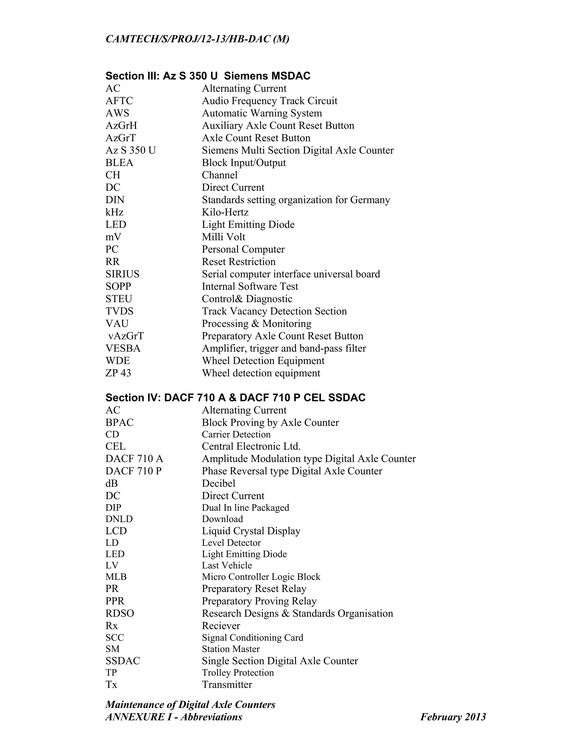 CAMTECH/S/PROJ/12-13/HB-DAC (M)
Maintenance of Digital Axle Counters
ANNEXURE I - Abbreviations February 2013
Section III: Az S 350 U Siemens MSDAC
AC Alternating Current
AFTC Audio Frequency Track Circuit
AWS Automatic Warning System
AzGrH Auxiliary Axle Count Reset Button
AzGrT Axle Count Reset Button
Az S 350 U Siemens Multi Section Digital Axle Counter
BLEA Block Input/Output
CH Channel
DC Direct Current
DIN Standards setting organization for Germany
kHz Kilo-Hertz
LED Light Emitting Diode
mV Milli Volt
PC Personal Computer
RR Reset Restriction
SIRIUS Serial computer interface universal board
SOPP Internal Software Test
STEU Control& Diagnostic
TVDS Track Vacancy Detection Section
VAU Processing & Monitoring
vAzGrT Preparatory Axle Count Reset Button
VESBA Amplifier, trigger and band-pass filter
WDE Wheel Detection Equipment
ZP 43 Wheel detection equipment
Section IV: DACF 710 A & DACF 710 P CEL SSDAC
AC Alternating Current
BPAC Block Proving by Axle Counter
CD Carrier Detection
CEL Central Electronic Ltd.
DACF 710 A Amplitude Modulation type Digital Axle Counter
DACF 710 P Phase Reversal type Digital Axle Counter
dB Decibel
DC Direct Current
DIP Dual In line Packaged
DNLD Download
LCD Liquid Crystal Display
LD Level Detector
LED Light Emitting Diode
LV Last Vehicle
MLB Micro Controller Logic Block
PR Preparatory Reset Relay
PPR Preparatory Proving Relay
RDSO Research Designs & Standards Organisation
Rx Reciever
SCC Signal Conditioning Card
SM Station Master
SSDAC Single Section Digital Axle Counter
TP Trolley Protection
Tx Transmitter
 