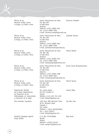 10
Oficina de las Centro Internacional de Viena Giovanna Campello
Naciones Unidas contra P.O. Box 500
la Droga y el Delito, Viena A-1400 Viena
(Austria)
Teléfono: (+431) 26060 5551
Fax. (+431) 26060 5928
E-mail: Giovanna.campello@unodc.org
Oficina de las Centro Internacional de Viena Jouhaida Hanano
Naciones Unidas contra P.O. Box 500
la Droga y el Delito, Viena A-1400 Viena
(Austria)
Teléfono: (+431) 26060 5041
Fax. (+431) 26060 5928
E-mail: jouhaida.hanano@unodc.org
Oficina de las Centro Internacional de Viena Tamara Maman
Naciones Unidas contra P.O. Box 500
la Droga y el Delito, Viena A-1400 Viena
(Austria)
Teléfono: (+431) 26060 4244
Fax. (+431) 26060 5928
E-mail: Tamaraezequiel@hotmail.com
Oficina de las Centro Internacional de Viena Kurian Jacob Maniyanipurathu
Naciones Unidas contra P.O. Box 500
la Droga y el Delito, Viena A-1400 Viena
(Austria)
Teléfono: (+431) 26060 4268
Fax. (+431) 26060 5928
E-mail: maniyanipurathu@unodc.org
Oficina de las Centro Internacional de Viena Patrick Starzer
Naciones Unidas contra P.O. Box 500
la Droga y el Delito, Viena A-1400 Viena
(Austria)
Organización Mundial 20, avenue Appia Leanne Riley
de la Salud, Departamento CH-1211 Ginebra 27
de Prevención de las (Suiza)
Enfermedades no Transmisibles Teléfono: (+41) (22) 791 4319
y Promoción de la Salud E-mail: bhtay23@yahoo.com
Plan Colombo, Secretaría 13th Floor, BOC Merchant Tower Tay Bian How
28 St. Michael's Road
Colombo 3
(Sri Lanka)
Teléfono: + (941) 56448/381831
Fax: + (941) 564531
E-mail: bhtay23@yahoo.com
Student's Campaign against P. O. Box 73749-00200 Mary Kuria
Drugs (SCAD) Nairobi
(Kenia)
Teléfono: (+2542) 244746
E-mail: wangari12@yahoo.com
 