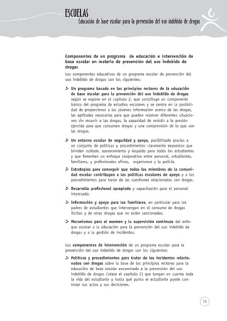 15
ESCUELAS
Educación de base escolar para la prevención del uso indebido de drogas
Componentes de un programa de educación e intervención de
base escolar en materia de prevención del uso indebido de
drogas
Los componentes educativos de un programa escolar de prevención del
uso indebido de drogas son los siguientes:
Un programa basado en los principios rectores de la educación
de base escolar para la prevención del uso indebido de drogas
según se expone en el capítulo 2, que constituye un componente
básico del programa de estudios escolares y se centra en la posibili-
dad de proporcionar a los jóvenes información acerca de las drogas,
las aptitudes necesarias para que puedan resolver diferentes situacio-
nes sin recurrir a las drogas, la capacidad de resistir a la presión
ejercida para que consuman drogas y una comprensión de lo que son
las drogas.
Un entorno escolar de seguridad y apoyo, posibilitado gracias a
un conjunto de políticas y procedimientos claramente expuestos que
brinden cuidado, asesoramiento y respaldo para todos los estudiantes
y que fomenten un enfoque cooperativo entre personal, estudiantes,
familiares, y profesionales afines, organismos y la policía.
Estrategias para conseguir que todos los miembros de la comuni-
dad escolar contribuyan a las políticas escolares de apoyo y a los
procedimientos para tratar de las cuestiones relacionadas con drogas.
Desarrollo profesional apropiado y capacitación para el personal
interesado.
Información y apoyo para los familiares, en particular para los
padres de estudiantes que intervengan en el consumo de drogas
ilícitas y de otras drogas que no estén sancionadas.
Mecanismos para el examen y la supervisión continuos del enfo-
que escolar a la educación para la prevención del uso indebido de
drogas y a la gestión de incidentes.
Los componentes de intervención de un programa escolar para la
prevención del uso indebido de drogas son los siguientes:
Políticas y procedimientos para tratar de los incidentes relacio-
nados con drogas sobre la base de los principios rectores para la
educación de base escolar encaminada a la prevención del uso
indebido de drogas (véase el capítulo 2) que tengan en cuenta toda
la vida del estudiante y hasta qué punto el estudiante puede con-
trolar sus actos y sus decisiones.
 