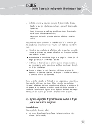 25
Contexto personal y social del consumo de determinadas drogas.
Edad a la que los estudiantes empiezan a consumir determinadas
sustancias.
Grado de consumo y grado de perjuicio de drogas determinadas
entre grupos de edad determinados.
Legislación, normativa y normas escolares relativas a diversas
drogas.
Los profesores deben considerar el contexto social o la forma en que
los estudiantes consumen drogas y recurrir a un modo de presentación
que:
Estimule a los estudiantes a reflexionar sobre lo que han aprendido
y sobre la forma en que pueden aplicarlo a sus situaciones sociales
y en general a su vida.
No incremente el consumo de drogas ni el perjuicio causado por las
drogas que se están sometiendo a debate.
Contribuya al desarrollo de un entorno que no ofrezca amenazas y
que no comporte juicios respecto de las ideas, opiniones y discusio-
nes de los estudiantes.
Respete el género, la etnia, la cultura, el idioma, el grado de
desarrollo, el grado de capacidad, la religión, la orientación sexual y
la forma de vivir de los estudiantes.
Como ya se ha indicado, la finalidad de los programas de educación de
base escolar relativos a las drogas deben estimular los resultados
sociales y educativos que más probablemente refuerzan la resistencia de
los jóvenes al uso indebido de drogas. Desde este punto de vista, se
examinan a continuación algunos de los objetivos docentes más impor-
tantes para los jóvenes que asisten a diversos niveles escolares.
Objetivos del programa de prevención del uso indebido de drogas
para las escuelas de los más jóvenes
Conocimientos
Los estudiantes deberían saber:
Las formas de estimular la confianza y el amor propio de ellos
mismos y de los demás.
ESCUELAS
Educación de base escolar para la prevención del uso indebido de drogas
 