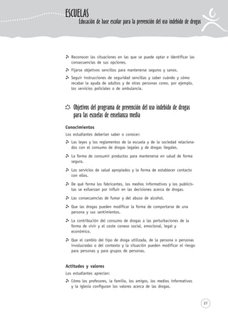 27
Reconocer las situaciones en las que se puede optar e identificar las
consecuencias de sus opciones.
Fijarse objetivos sencillos para mantenerse seguros y sanos.
Seguir instrucciones de seguridad sencillas y saber cuándo y cómo
recabar la ayuda de adultos y de otras personas como, por ejemplo,
los servicios policiales o de ambulancia.
Objetivos del programa de prevención del uso indebido de drogas
para las escuelas de enseñanza media
Conocimientos
Los estudiantes deberían saber o conocer:
Las leyes y los reglamentos de la escuela y de la sociedad relaciona-
dos con el consumo de drogas legales y de drogas ilegales.
La forma de consumir productos para mantenerse en salud de forma
segura.
Los servicios de salud apropiados y la forma de establecer contacto
con ellos.
De qué forma los fabricantes, los medios informativos y los publicis-
tas se esfuerzan por influir en las decisiones acerca de drogas.
Las consecuencias de fumar y del abuso de alcohol.
Que las drogas pueden modificar la forma de comportarse de una
persona y sus sentimientos.
La contribución del consumo de drogas a las perturbaciones de la
forma de vivir y el coste conexo social, emocional, legal y
económico.
Que el cambio del tipo de droga utilizada, de la persona o personas
involucradas o del contexto y la situación pueden modificar el riesgo
para personas y para grupos de personas.
Actitudes y valores
Los estudiantes aprecian:
Cómo los profesores, la familia, los amigos, los medios informativos
y la iglesia configuran los valores acerca de las drogas.
ESCUELAS
Educación de base escolar para la prevención del uso indebido de drogas
 