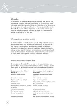 Afirmación
La afirmación es una forma específica de comunicar que permite que
las personas expresen abierta y directamente sus pensamientos, senti-
mientos y valores acerca de una situación. Se centra en los derechos de
la persona, con la debida consideración a los derechos de los demás.
Por lo tanto, es una actitud importante en situaciones sociales que
implican una presión para el consumo de drogas, así como en otras
muchas situaciones de la vida real.
Afirmación firme, agresión o sumisión
La afirmación firme es uno de los tres tipos de comportamiento que una
persona puede elegir si se enfrenta con una situación de conflicto. Los
tres tipos de comportamiento se pueden describir con los adjetivos
afirmativo firme, agresivo y sumiso. El cuadro que figura a continuación
subraya por qué la gente elige una forma de comportamiento y cuál puede
ser el resultado de dicha elección. Es el comportamiento y no la persona
lo que se define como agresivo, sumiso o firmemente afirmativo.
Derechos básicos de afirmación firme
El concepto de afirmación firme se basa en el supuesto de que una
persona tiene derechos en su interacción con otras y tiene que asumir
cierto grado de responsabilidad para afirmar firmemente esos derechos.
Como persona, uno tiene el firme Como persona, uno tiene la consiguiente
derecho de: obligación de:
Adoptar sus propias decisiones Tolerar que los demás adopten sus propias
decisiones
Ser tratado con respeto Tratar a los demás con respeto
Negarse a cumplir lo que se le pide Negarse con firmeza y cortesía
Cometer errores Velar por que los errores no perjudiquen a otros
Cambiar de opinión Obrar razonablemente
Tomarse el tiempo necesario para considerar Tolerar en los demás esa cortesía
las decisiones
Hacer peticiones razonables No imponerse a los demás
Tener opiniones personales Respetar las opiniones de los demás
Controlar su propio destino Permitir que los demás controlen su propio
destino
Expresar sus sentimientos Tener en cuenta los sentimientos de los demás
44
 
