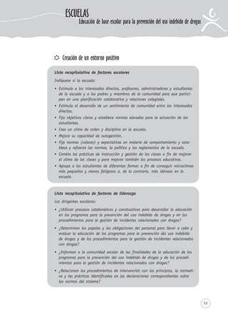 53
Creación de un entorno positivo
ESCUELAS
Educación de base escolar para la prevención del uso indebido de drogas
Lista recapitulativa de factores escolares
Indíquese si la escuela:
Estimula a los interesados directos, profesores, administradores y estudiantes
de la escuela y a los padres y miembros de la comunidad para que partici-
pen en una planificación colaborativa y relaciones colegiales.
Estimula el desarrollo de un sentimiento de comunidad entre los interesados
directos.
Fija objetivos claros y establece normas elevadas para la actuación de los
estudiantes.
Crea un clima de orden y disciplina en la escuela.
Mejora su capacidad de autogestión.
Fija normas (valores) y expectativas en materia de comportamiento y esta-
blece y refuerza las normas, la política y los reglamentos de la escuela.
Cambia las prácticas de instrucción y gestión de las clases a fin de mejorar
el clima de las clases y para mejorar también los procesos educativos.
Agrupa a los estudiantes de diferentes formas a fin de conseguir microclimas
más pequeños y menos fatigosos o, de lo contrario, más idóneos en la
escuela.
Lista recapitulativa de factores de liderazgo
Los dirigentes escolares:
¿Utilizan procesos colaborativos y constructivos para desarrollar la educación
en los programas para la prevención del uso indebido de drogas y en los
procedimientos para la gestión de incidentes relacionados con drogas?
¿Determinan los papeles y las obligaciones del personal para llevar a cabo y
evaluar la educación de los programas para la prevención del uso indebido
de drogas y de los procedimientos para la gestión de incidentes relacionados
con drogas?
¿Informan a la comunidad escolar de las finalidades de la educación de los
programas para la prevención del uso indebido de drogas y de los procedi-
mientos para la gestión de incidentes relacionados con drogas?
¿Relacionan los procedimientos de intervención con los principios, la normati-
va y las prácticas identificadas en las declaraciones correspondientes sobre
las normas del sistema?
 